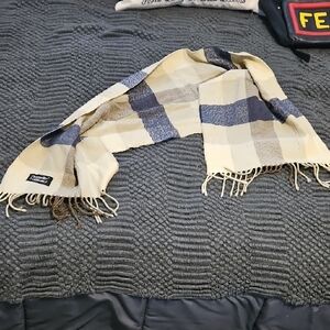 Authentic Cashmere Christian Dior Plaid Fringed Scarf in Cream and Navy